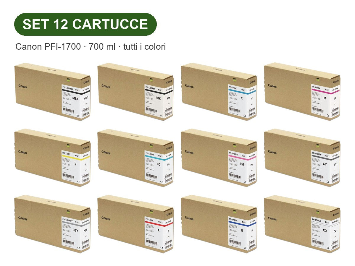 Set 12 cartucce Canon PFI-1700 700 ml: serie completa con tutti i colori